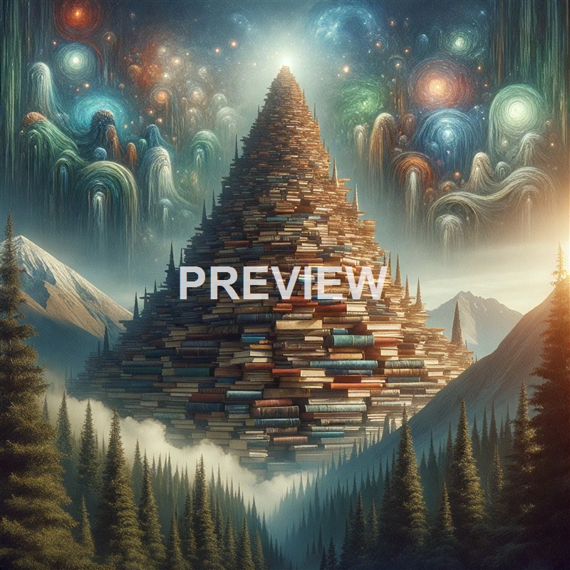 A fantastical mountain made of stacked books rises amidst a lush forest with snow-capped mountains in the background, under a swirling, colorful sky filled with stars and nebulae.